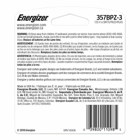 Energizer Watch/Electronic Battery, SilvOx, 3, PK3 357BPZ-3
